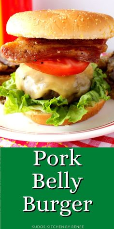 pork belly burger with lettuce, tomato and cheese