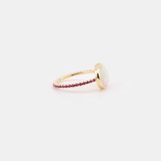 Gorgeous and cool all at the same time! A special pale white Opal with chic red rubies and 14k gold, this stunning ring blends seamlessly with any look or style. Pale White, Special Ring, White Opal, Gemstone Colors, Brooklyn, Ruby, Opal, Jewelry Design, Ring Size