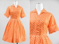 "Vintage 1950s silk shirtwaist dress. Lightweight silk with bright orange and cream polka dots all over. V collar, capped sleeves and nipped waist. Pleat in back. Free skirt. Front button closure. Loops for belt, no belt. State of garment | good, underarm stains and a few small spots in back of sleeves. Measurements ✂--- Best fit | Small /Medium Bust | up to 41\" Shoulders | about 15\" Shoulder to waist | 16\" Sleeves | 9' cuffed Waist | 26 - snug 26.5\" Hips | free Total length (shoulder to hem 1950s Vintage Dress With Buttons For Spring, 1950s Spring Dresses With Buttons, Vintage Clothes 1940s, Yellow Vintage Dress, 1950s Style For Spring, Yellow 1950s Sleeveless Dress, 1950s Shirtwaist Dress, 1950’s Fashion, 1950 Fashion, Tailored Clothes