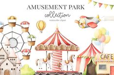 watercolor amusement park illustration with carousels, ferris wheel and carnival rides for children's birthday party