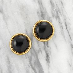 Ross-Simons - 12mm Black Onyx Stud Earrings in 14kt Yellow Gold. So classic. And so chic. This pair of black onyx stud earrings is just right for the office and so sophisticated at night. Here, 12mm black onyx cabochons are set in ridged 14kt yellow gold. Post/clutch, black onyx stud earrings. Chic Black Round Earrings, Sleek Black Jewelry For Formal Occasions, Luxury Black Round Clip-on Earrings, Classic Black Enamel Earrings For Anniversary, Luxury Black Jewelry For Workwear, Black Polished Earrings For Evening, Black Polished Finish Earrings For Evening, Black Polished Evening Earrings, Elegant Black Enamel Round Earrings