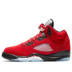 One of the most popular Jordan Retros is back for big kids. The Air Jordan 5 Retro GS ‘Raging Bull’ from the 2009 ‘Raging Bull’ Pack is reissued in soft crimson suede with reflective silver tongue and icy rubber outsole.Additional embellishments include a ‘23’ on the lateral heel and red-tipped shark tooth detailing on the contrasting black midsole. Whether your little one is a seasoned vet or just starting their Jordans collection, this retro sneaker is sure to be a hit. (AJ5/SNKR/High Top/Basketball/Chicago Bulls) Red Sneakers With Padded Tongue For Streetwear, Casual Red Sneakers With Padded Tongue, Red Sporty Outdoor Basketball Shoes, Red Outdoor Basketball Shoes, Jordans Collection, Shoes For School, Red Jordans, Jordan 5 Retro, Raging Bull