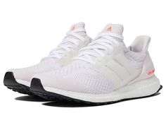 adidas Running Ultraboost 5.0 - Women's Shoes : Almost Pink/White/Turbo : Give your best performance when you train with adidas Running Ultraboost 5.0. Textile and synthetic upper. Textile lining and insole. Removable insole. Sock-like fit. Fitcounter heel counter. Lace closure. Pull tab. Brand tag at the tongue. Synthetic sole. Imported. Measurements: Weight: 10 oz Product measurements were taken using size 8.5, width B - Medium. Please note that measurements may vary by size. Weight of footwea Cute Athletic Shoes, Adidas Shoes Ultra Boost, Rush Shoes, Adidas Ultra Boost Women, Cute Tennis Shoes, Preppy Sneakers, Ultra Boosts, Cute Running Shoes, Adidas White Shoes