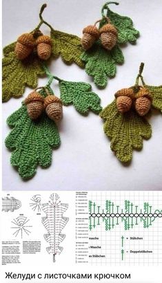 crocheted leaves and acorns are featured in the book