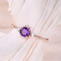 5mm Round Cut Dainty Amethyst Diamond Engagement Ring Rose Gold| BBBGEM Elegant Amethyst Birthstone Diamond Ring, Elegant Amethyst Birthstone Crystal Ring, Rose Gold Amethyst Birthstone Promise Ring, Rose Gold Amethyst Birthstone Ring For Promise, Elegant Amethyst Birthstone Ring In Round Band, Elegant Amethyst Birthstone Ring Round Band, Purple Amethyst Diamond Ring, Birthstone, Purple Amethyst Diamond Ring Birthstone, Purple Diamond Amethyst Birthstone Ring