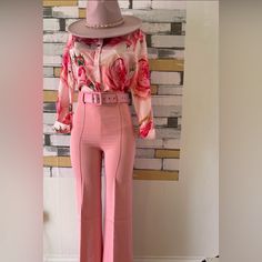 Please Message Me For Availability In Your Size! Belt Is Included And Shirt Is Sold Separately! Pink Floral Print Bottoms For Brunch, Pink Floral Print Pants For Day Out, Party Pants With Floral Print For Spring, Pink Floral Print Bottoms For Day Out, Casual Pink Pants For Night Out, Chic Pink Pants For Fall, Elegant Pink Floral Print Pants, Fitted Pink Bottoms For Going Out, Pink Bottoms For Spring Night Out