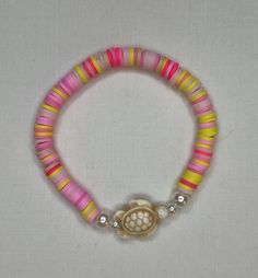 Light Pink, Hot Pink,And Yellow,Pearl,Turtle,Clay Bead Bracelet Clay Bead Bracelet, Yellow Pearl, Clay Bead, Pink And Yellow, Clay Beads, Bead Bracelet, Charm Bracelets, Light Pink, Hot Pink