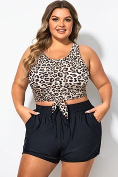 Plus Size Leopard Print Knotted Crop Bikini Top Stretch Leopard Print Tops For The Beach, Sleeveless Leopard Print Swimwear For Summer, Casual Leopard Print Swimwear For Beach, Casual Fitted Leopard Print Swimwear, Casual Leopard Print Swimwear For Beach Season, Summer Leopard Print Swimwear With Built-in Bra, Leopard Print Sleeveless Swimwear For Summer, Leopard Print Sleeveless Swimwear, Leopard Print Sleeveless Swimwear For Beach