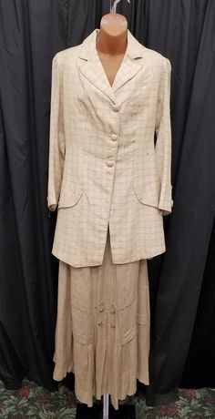 Authentic 1900s Edwardian Victorian Cream Linen w Stitching & Button Accents Day Touring Walking Suit 2 Piece Jacket and Skirt Riding Habit.  Top features 3 button front closure, 8 decorative buttons on the back, each sleeve features 2 buttons, and 2 side panel flaps on each side of waist.  Skirt features a metal side zipper, decorative buttons, and panels.  Outfit is in amazing well worn antique condition, some very small imperfections...see pics! Top Measurements: shoulder to shoulder 16 1/2 i Buttons Outfit, Riding Habit, Skirt Measurements, Top Measurements, Victorian Women, Front Bottoms, Decorative Buttons, Dress Clothes For Women, Waist Skirt