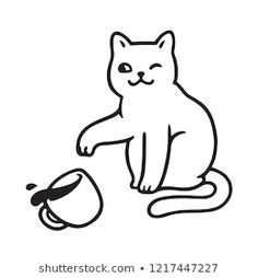 a black and white drawing of a cat sitting next to a bowl with a mouse in it