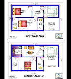 two floor plans for the first and second floors of a house with blue trimmings