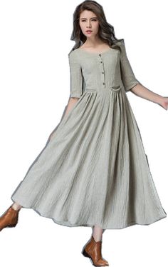 Gray Long Summer Dress, Long Gray Summer Dress, Spring A-line Maxi Dress With Buttons, Spring Gray A-line Maxi Dress, Summer Gray Long Sleeve Maxi Dress, Gray Long Sleeve Maxi Dress For Summer, Gray Cotton Casual Maxi Dress, Gray Cotton Maxi Dress For Summer, Gray Floor-length Maxi Dress