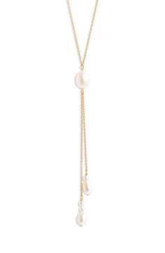 Cultured pearls give organic dimension to a Y-necklace crafted from 14-karat gold. 16" length; 3" drop Pearl size: 3–8mm 14k gold/cultured pearl Handmade in Canada Asian & Pacific Islander Owned/Founded Formal Dangle Lariat Necklace With Pearl Drop, Formal Dangle Pearl Drop Lariat Necklace, Yellow Gold Lariat Necklace With Pearl Pendant, Formal Lariat Necklace With Pearl Drop, Formal Lariat Pearl Drop Necklace, Yellow Gold Lariat Necklace With Pearl Charm, Yellow Gold Lariat Necklace With Pearl Drop, Formal Pearl Charm Lariat Necklace, Formal Long Drop Necklaces With Pearl Drop