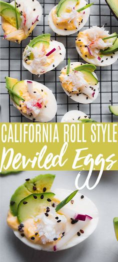 an image of deviled eggs with toppings on a wire rack and the title california roll style deviled eggs