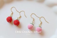 FREE SHIPPING ON $35.00 These beautiful Micro Crochet earrings are handmade. It takes lots of time to crochet. I hope you can enjoy it. It is a perfect gift for friend, Wedding, Anniversary, Valentine's day and Mothers day, etc. Package time: 1-2 business days  Deliver time：I located Southern California. If you are in the United States, The package usually take 3-5 business days to receive it. Shipping: USPS and UPS depending on the location.  Finished items : Everything I sell are finished items crocheted by hand. Material: 14K gold, micro yarn If you have any problem, feel free to contact me. 100% handmade with Love Crochet Strawberry, Fruit Earrings, Earring Gifts, Handmade Earrings, Earrings Handmade, Crochet Earrings, Gifts For Friends, Gifts For Mom, Jewelry Earrings Dangle