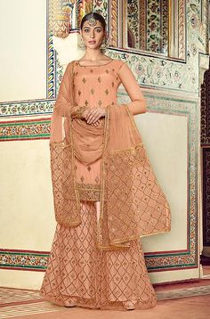 Peach Designer Embroidered Net Wedding Gharara Suit-Saira's Boutique Designer Sharara Suits, Gharara Suits, Sharara Designs, Light Peach Color, Indian Salwar, Sharara Suit, Designer Salwar Suits, Utsav Fashion, Pakistani Suits