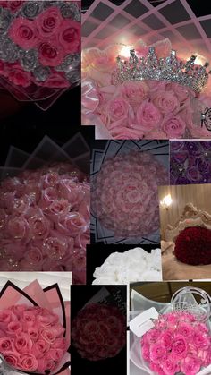 many different pictures of pink roses and tiara