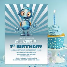 a birthday card with an image of a robot holding a cupcake on top of it