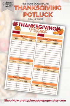 the thanksgiving potluck sign up sheet is shown