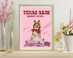 a pink poster with an image of a dog on it's face and the words texas