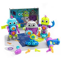 an assortment of toys in a box on a white background