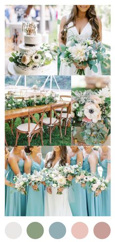 the color scheme for this wedding is aqua and peach, with white flowers on each side