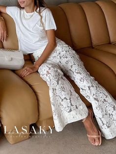 Lasaky - Chic Lace-Adorned Wide Leg Pants for Sophisticated Holiday Style Glamorous Luxury Pants For Date Night, Spring Trousers, White Flare Pants, White Flares, Nylon Pants, Lace Pants, Pants Summer, Bell Bottom Pants, Pant Style