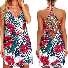 Women's Sexy Hollow Suspender Party Dress Backless Hawaiian Style Floral Print Sling Cutout Vestidos Summer Women's Dress Fitted Beach Suspender Sling Dress, Fitted Sling Suspender Dress For Beach, Halter Neck Sundress For Summer Party, Summer Party Mini Dress With Built-in Bra, Strappy Suspender Dress For The Beach, Flirty Sleeveless Beach Suspender Dress, Flirty Sleeveless Suspender Dress For Beach, Summer Sleeveless Suspender Dress For Party, Backless Beach Dresses With Built-in Bra