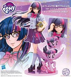 an advertisement for the little pony toy company, featuring two girls with pink hair and glasses