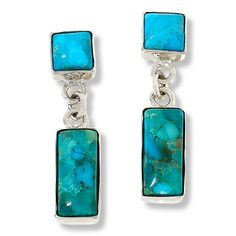 Jay King Sterling Silver Maidenhair Turquoise Drop Earrings  Beautiful Maidenhair turquoise nuggets, compressed into square shapes, give these handcrafted sterling silver earrings a chic, contemporary flair. From Jay King.        Approx. 1"L x 1/4"W     Stamped .925s     Pierced with clutch backs     Earrings have rectangular drops of bezel-set, rectangular compressed turquoise     Drops connect to square turquoise stones bezel-set on post fronts   Stone Information       All sizes and weights a Modern Turquoise Sterling Silver Jewelry, Artisan Turquoise Rectangular Jewelry, Hypoallergenic Square Sterling Silver Jewelry, Nickel Free Turquoise Rectangular Jewelry, Modern Turquoise Dangle Earrings, Modern Turquoise Hypoallergenic Earrings, Modern Turquoise Hypoallergenic Jewelry, Modern Hypoallergenic Turquoise Earrings, Modern Turquoise Nickel-free Earrings