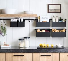 the kitchen counter is clean and ready to be used as a storage area for food