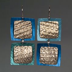 Aluminum Earrings - Named for the Mandarin word for square, these roller printed earrings are crafted from anodized aluminum and sterling silver rivets, as well as crinkled and gold-hued upcycled aluminum. Hanging from sterling silver ear wires and sure to swing delightfully with each step, each is unique and will vary in texture. Printed Earrings, Aluminum Earrings, Artful Home, Anodized Aluminum, Rivets, Ear Wires, Original Art, Jewelry Earrings, Texture