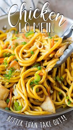 chicken lo mein with noodles and vegetables on a plate