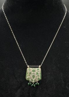 Vintage Silver Green Meenakari Enamel Floral Cloisonne Glass Bead Necklace 17”  | eBay Ornate Meenakari Pendant Necklace, Traditional Green Engraved Necklace, Green Meenakari Pendant Necklace, Traditional Engraved Enamel Necklaces, Vintage Meenakari Necklace As Gift, Dainty Chain, Green Necklace, Glass Bead Necklace, Chain Pendant