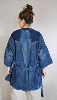 Oversized Dark Wash Outerwear With Patchwork, Casual Outerwear With Kimono Sleeves, Casual Outerwear With Kimono Sleeves And Pockets, Oversized Cotton Outerwear With Kimono Sleeves, Oversized Kimono With Pockets And Kimono Sleeves, Casual Outerwear With Kimono Sleeves For Layering, Oversized Cotton Kimono With Pockets, Fall Kimono With Pockets And Relaxed Fit, Fall Kimono With Pockets In Relaxed Fit