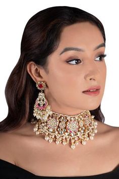 Shop for Riana Jewellery Floral Carved Choker Jewellery Set Online at Aza Fashions White Pearl Choker, Choker Jewellery, Traditional Indian Jewellery, Hot Pink Floral, Cloth Store, Chandbali Earrings, Choker Necklace Set, Pearl Choker Necklace, Jewelry Choker