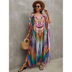 Hot Item *Versatile Size Options: This Kaftan Maxi Beach Dress Is Suitable For S,M,L,Xl,Xxl, Bust: 61.0" Length: 53.9" Shoulder: 34.6"Catering To Various Body Types. *Flowing Kaftan Design: Featuring An Elegant Kaftan-Style Design, It Exudes Charm Whether You're At The Beach Or On Vacation. Its Maximum Length Provides Ample Coverage And Protection While Maintaining A Light And Airy Feel. *High-Quality Synthetic Silk Fabric: Made From A Soft, Skin-Friendly Fabric That Emulates The Feel Of Cotton, Summer V-neck Kaftan For Party, Multicolor V-neck Maxi Dress For Beach, Multicolor Print V-neck Beach Dress, Colorful V-neck Vacation Dress, Bohemian Multicolor Kaftan For Beach Cover-up, Bohemian Multicolor Tunic Cover-up, Flowy Multicolor Tunic Cover-up, Multicolor V-neck Kaftan For Vacation, Multicolor Print Kaftan For Beach Cover-up