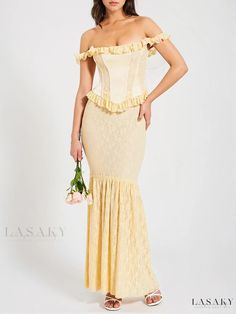 Off Shoulder Maxi Dress in Annabelle Style Off Shoulder Maxi Dress, Maxi Dress For Women, Yellow Satin, Fishtail Dress, Club Party Dresses, Lace Peplum, Ladies Gown, Yellow Lace, Lace Corset