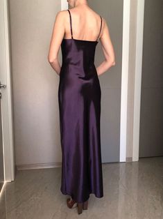 Dark Purple Cowl Neck Silk Satin Maxi Length Slip - Etsy Turkey Dark Purple Slip Dress, Silk Slip Dress With Fitted Bodice For Prom, Dark Purple Maxi Dress, Solid Satin Slip Dress For Wedding Night, Satin Evening Dress With Spaghetti Straps For Bridesmaid, Satin Slip Dress With Fitted Bodice For Bridesmaids, Bridesmaid Evening Dress With Spaghetti Straps In Satin, Elegant Fitted Slip Dress For Bridesmaids, Purple Satin Evening Dress For Wedding