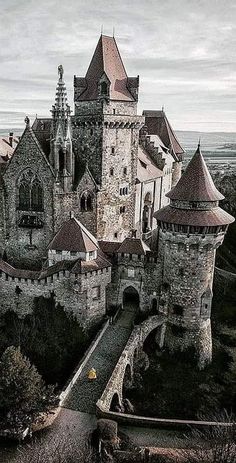 an aerial view of a castle in the middle of trees and land, with a walkway leading up to it