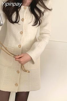 Elegant White Tweed Dress With Buttons, White Elegant Tweed Dress With Buttons, Beige Tweed Office Dress For Winter, Elegant Long Sleeve Cream Tweed Dress, Elegant Cream Long Sleeve Tweed Dress, White Long Sleeve Tweed Dress For Party, Winter Long Sleeve Tweed Dress With Buttons, Elegant White Tweed Dress For Fall, White Tweed Dress For Fall Parties