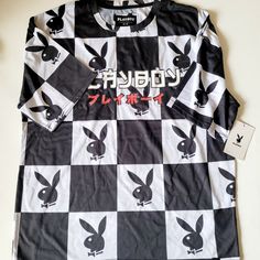 Playboy Unisex Checkered Black White T Shirt Size Small Brand New Matching Beanie Hat Available Measurements Included In Pics Trendy Black T-shirt With All Over Print, Sporty Black Printed T-shirt, Black Sporty Printed T-shirt, Black Printed Sporty Top, Black Graphic Tee With All Over Print, White T, White T Shirt, Beanie Hat, White Tshirt