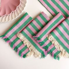 Archive New York Flora Stripe Party Napkin Kitchen Archive New York Pink Green Table Setting, Table Textiles, Charity Shopping, Green Table Settings, Midsummer Wedding, Nyc Kitchen, Colorful Table Setting, Green Napkins, Pink Napkins