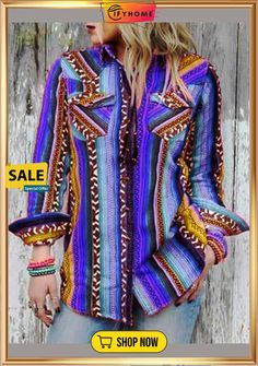 Multicolor Boho Shirt Collar Color-block Striped Blouse Boho Hoodies, Striped Blouses, Boho Plus Size, Printed Casual Dresses, Boho Shirt, Long Sleeve Outerwear, Boho Shirts, Striped Sleeve, Women Blouses