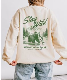 Katmai Alaska National Park Sweatshirt, Granola Girl Aesthetic Crewneck, Front & Back Graphic Pullover, Outdoorsy Style Casual Sweatshirt With Letter Print For Outdoor Activities, Casual Sweatshirt With Letter Print For Outdoor, Casual Letter Print Sweatshirt For Outdoor Activities, Casual Winter Hiking Tops, Casual Crew Neck Sweatshirt For Adventure, Fall Hiking Sweatshirt With Letter Print, Casual Hiking Sweatshirt With Letter Print, Casual Letter Print Sweatshirt For Hiking, Casual Fall Hiking Tops