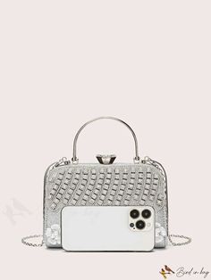 BirdinBag - Glamorous Floral Rhinestone Box Bag: Ideal Bridal Purse for Weddings, Proms & Parties Silver Rectangular Bag For Prom, Silver Handheld Box Bag For Evening, Embellished Rectangular Evening Bag For Prom, Silver Rectangular Box Bag For Events, Rectangular Rhinestone Bags For Prom, Silver Crystal Rectangular Bag, Formal Silver Rectangular Box Bag, Formal Silver Square Box Bag, Silver Rectangular Crystal Bag