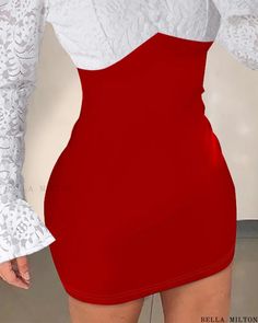 Bella Milton - Stylish Contrast Lace Bell Sleeve Bodycon Dress with Colorblock Design Sheer Mini Dress, Spring Dresses Women, Street Dress, Country Fashion Women, Dress 2024, Bodycon Dress Parties, Colorblock Dress, Long Sleeve Bodycon, Bell Sleeve Dress