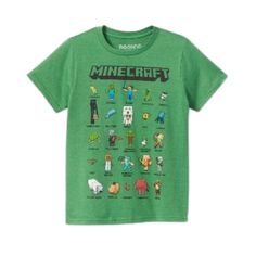 a green t - shirt with an image of minecraft characters on the front and back