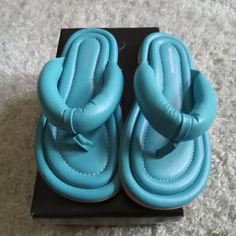 Size 5 Blue Sandals Brand New Blue Flat Slippers For Vacation, Blue Closed Toe Slippers For Summer, Blue Synthetic Slippers For Vacation, Blue Flat Slippers For The Beach, Blue Flat Slippers For Summer, Blue Round Toe Slippers For Summer, Comfortable Blue Closed Toe Sandals, Light Blue Synthetic Flat Flip Flops, Blue Synthetic Slippers For Beach