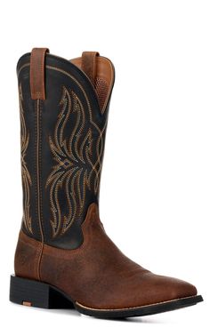 Ariat Men's Sport Rustler Brown and Black Wide Square Toe Cowboy Boot | Cavender's Rugged Sports Boots With Cushioned Footbed, Functional Leather Sports Boots, Functional Sports Boots With Cushioned Footbed, Sports Functional Boots With Cushioned Footbed, Rugged Brown Sports Boots, Rugged Sports Boots With Reinforced Toe, Black Snip Toe Boots For Outdoor Activities, Sporty Leather Boots With Breathability, Sporty Breathable Leather Boots